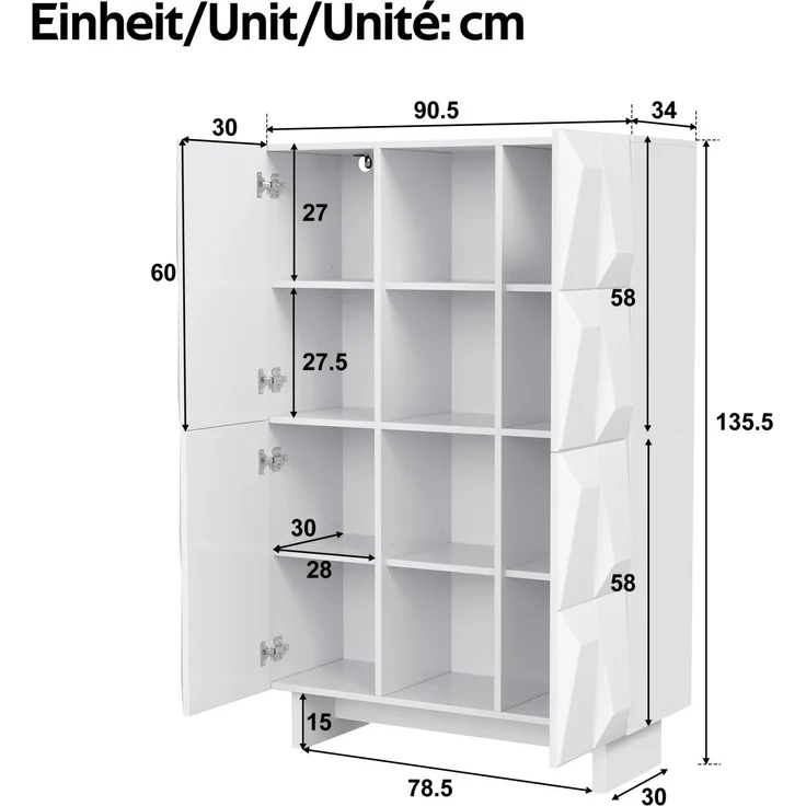 DESVIAE Garderobenschrank Weiß aus Spanplatte – 90,5x135,5x34 cm – 4 Türen, 12 Fächer – Bild 10