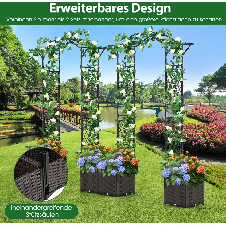 2 in 1 Rosenbogen mit Blumenkasten Gartenbogen aus Metall & PP Spalier Rankbogen Schwarz – Bild 5