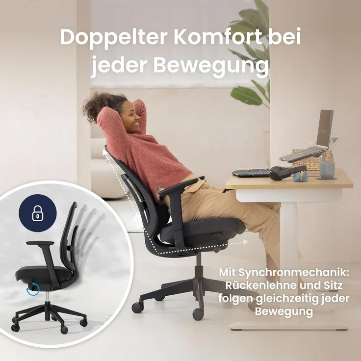 Ergotopia 'PureBack' ergonomischer Bürostuhl mit Lordosenstütze & 4D-Armlehne, Schwarz, mit Kopfstütze – Bild 3