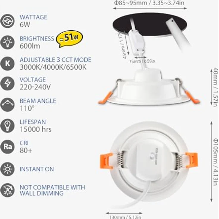 LVWIT LED Einbaustrahler 230V, Ultraschlanke 6W Deckenspots Spotlight Einbauleuchten LED Spot, Warmweiß 3000K Neutralweiß 4000K Kaltweiß 6500K, Deckenspots für Badezimmer, Küche, Wohnzimmer, 6er Set – Bild 3