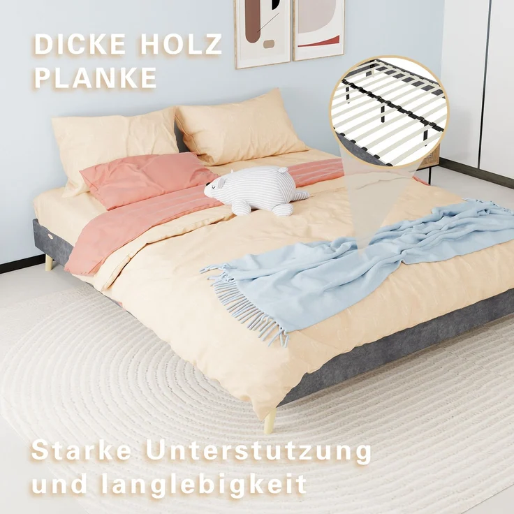 Novelux Bettgestell 160x200 Samt Grau – Modernes Plattformbett ohne Kopfteil, Holzrahmen, Minimalistisches Design – Bild 5