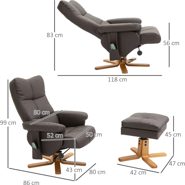 Wohnora-Relaxsessel mit Hocker, 360°drehbarer Fernsehsessel mit Massage, Liegefunktion, Massagesessel mit Seitentasche, TV-Sessel, Kunstleder für Wohnzimmer Braun,H 990cm x T 800cm x B 860cm – Bild 4