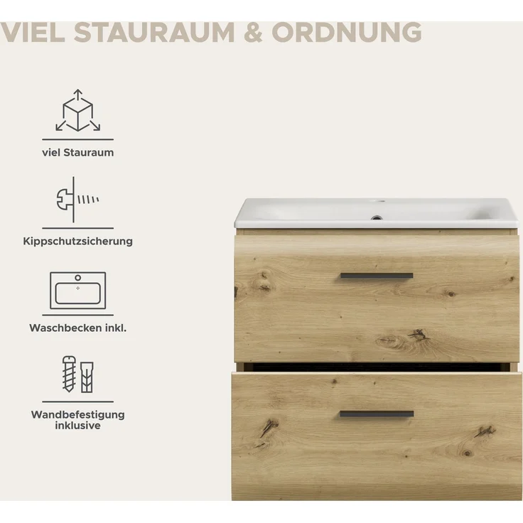 Waschtisch inkl. Waschbecken (B/H/T: 60x55x46 cm) in Artisan Oak Nachbildung und Artisan Oak Nachbildung – Bild 8