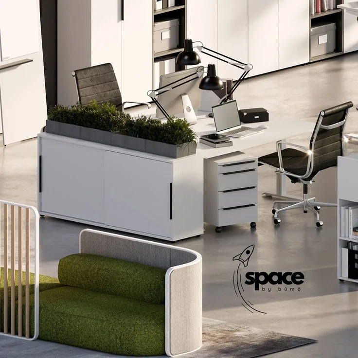 bümö Space Sideboard weiss mit Schiebetüren, Aktenschrank Holz 160 cm breit - Büro Schrank mit Schiebetür, Büroschrank schmal für die Dachschräge - Kommode für Ordner, SPCSS1OH-84 – Bild 4