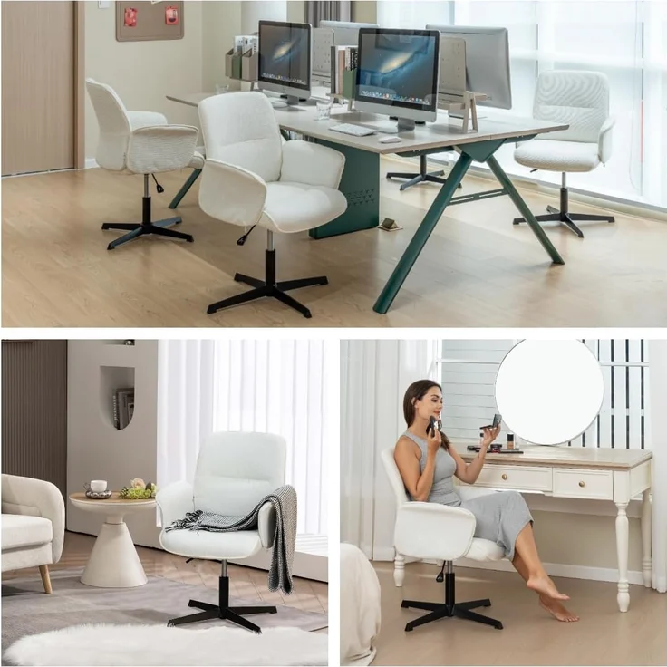 MEUBLE COSY Bürostuhl Ergonomisch Schreibtischstuhl mit höhenverstellbar Armlehnen 360° Drehbar Schminkstuhl Sessel für Büro Wohnzimmer Schlafzimmer Vanity, Bouclé Frottier, Weiß – Bild 4
