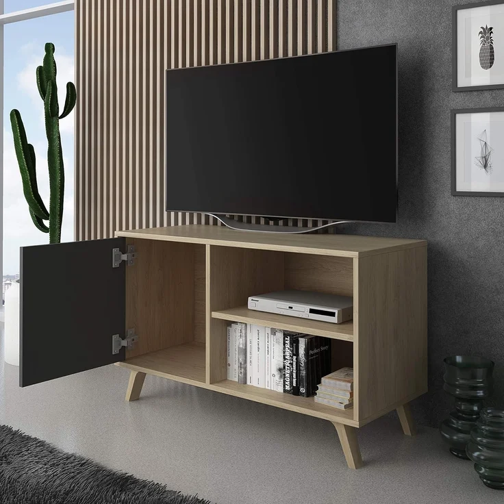 Skraut Home – TV-Schrank für Wohnzimmer – 57 x 95 x 40 cm – geeignet für 32/40 Zoll Fernseher – Modell Wind 100 – Puccini – graue Flügeltür – Bild 3