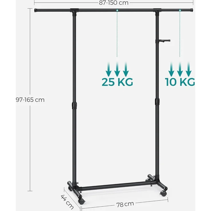 SONGMICS Kleiderständer auf Rollen, Kleiderstange, höhenverstellbar zwischen 97 und 165 cm, ausziehbare Garderobenstange, Garderobenständer, seitliche Haken für Accessoires, schwarz LLR001B01 – Bild 6