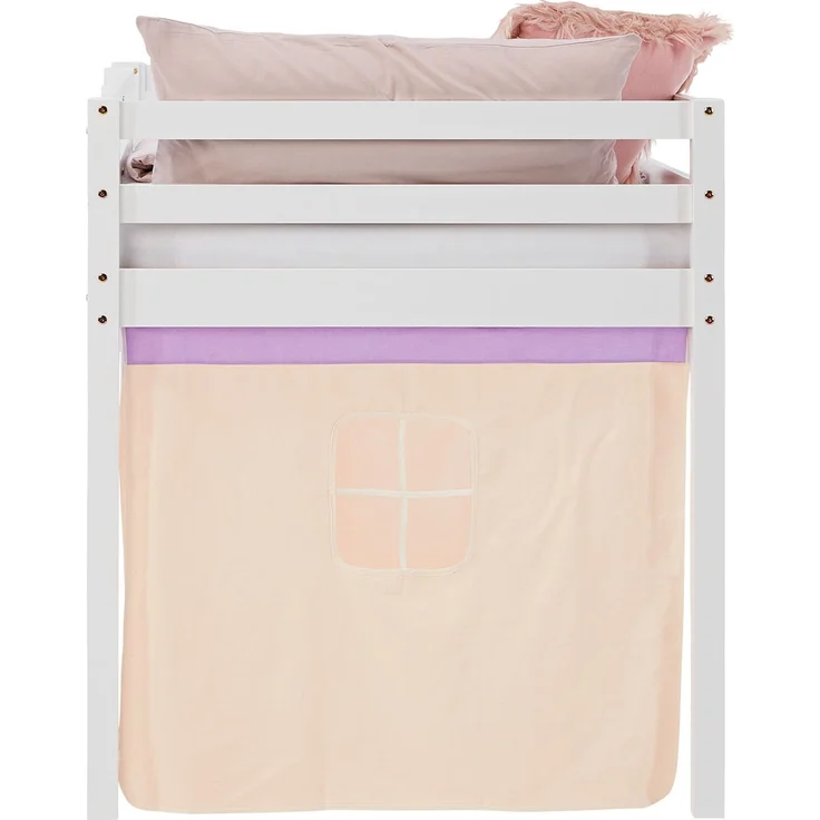 Hochbett Kinder 90x200 cm mit Matratze Kinderbett Kinderhochbett Stockbett Vorhang Lila Beige Holz Massiv Lattenrost – Bild 10