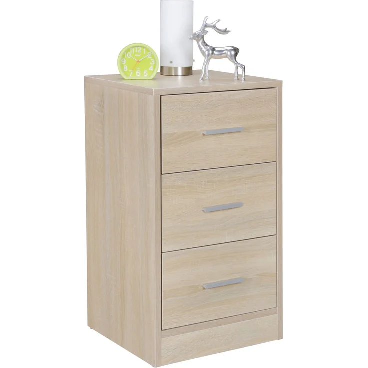 Nachtkonsole FOGGIA Holz Nachttisch modern mit 3 Schubladen sonoma, Design Nachtkästchen 37,5 x 68 x 35 cm, Extra hohes Nachtschränkchen – Bild 2
