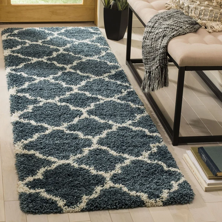 SAFAVIEH Zottelig Teppich für Wohnzimmer, Esszimmer, Schlafzimmer - Hudson Shag Collection, Hoher Flor, Schieferblau und Elfenbein, 69 X 244 cm
