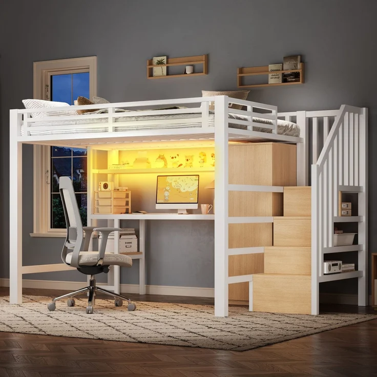 Hochbett mit RGB LED-Streifen, Schreibtisch, Treppe, Regal, Lattenrost und Kleiderschrank, 140x200 cm, Kinderbett mit Rausfallschutz, Metallbett – Bild 1