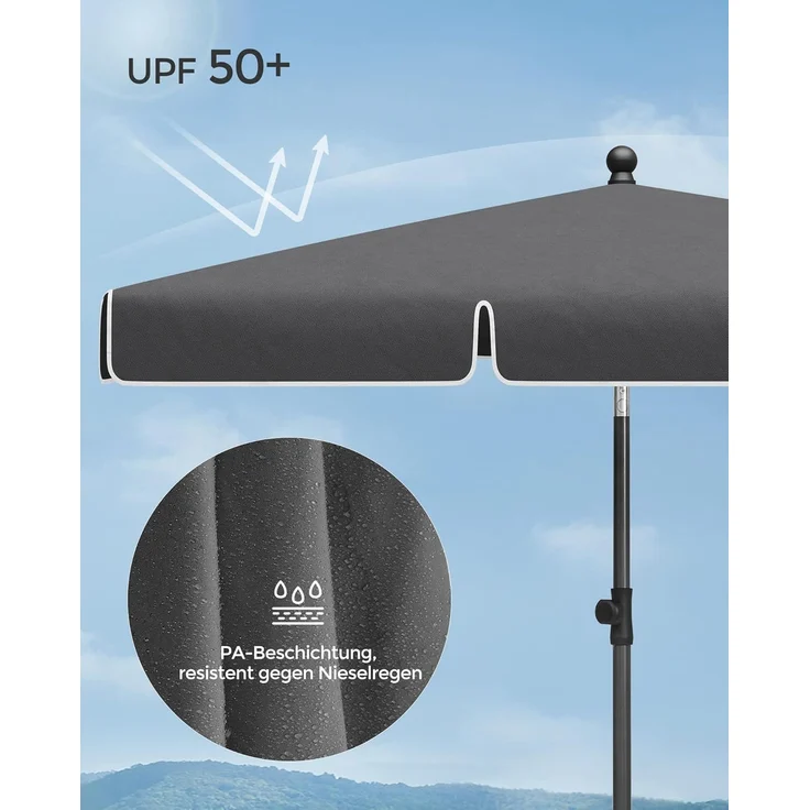 SONGMICS Sonnenschirm 180x125 cm, Balkonschirm UPF 50+, Sonnenschutz, beidseitig um 30° knickbar, höhenverstellbar, mit Aufbewahrungstasche, für Garten, Terrasse, ohne Ständer, grau GPU180G01 – Bild 5