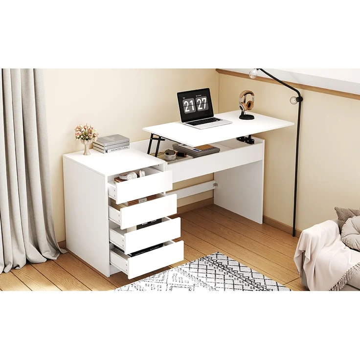 ZUBALIYA 120×50×78–92cm, höhenverstellbarer Schreibtisch mit 4 Schubladen – weißer Schminktisch und Computertisch in einem, mit manueller Höhenverstellung und verstecktem Stauraum, Schreibtisch, Schminktisch – Bild 17
