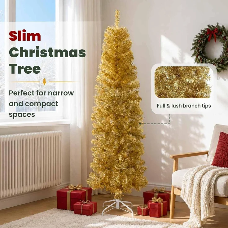 vidaXL Künstlicher schlanker Weihnachtsbaum 180 cm PVC und Stahl Gold 42055257 – Bild 5