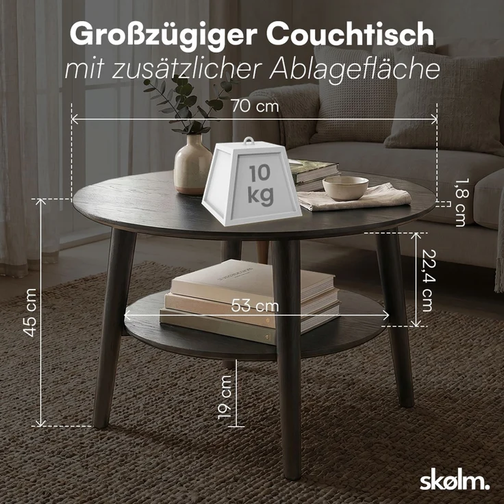 skølm 'Mjölnir' Couchtisch rund, Massivholz Eiche, schwarz lackiert, Wohnzimmertisch Ø70 cm, Beistelltisch für Wohnzimmer mit Ablage – Bild 6