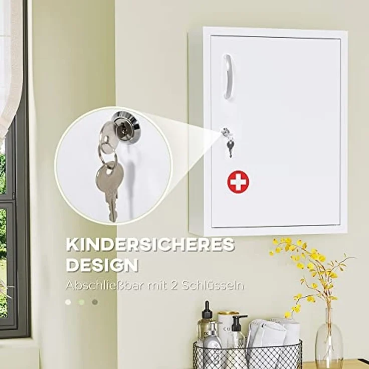 Kleankin Medizinschrank Apothekerschrank mit 3 Fächern 2 Schlüsseln (Erste Hilfe Schrank, 1-St, Medikamentenschrank) Stahl, Weiß, 40 x 15 x 53,5 cm – Bild 4