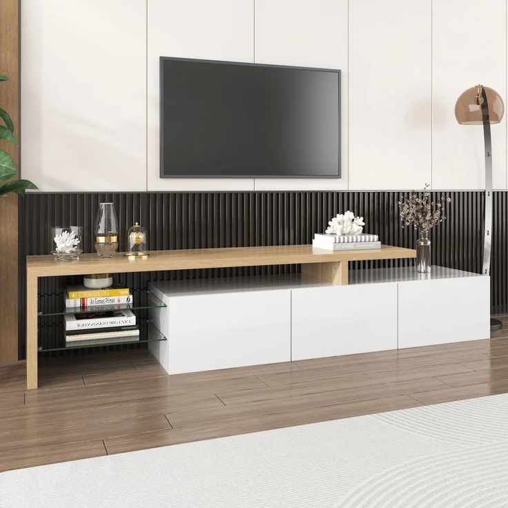 TV-Lowboard, MDF/Glas mit LED-Lichtstreifen & Glasböden, 197,5x39x42 cm, Natur/Weiß – Bild 2