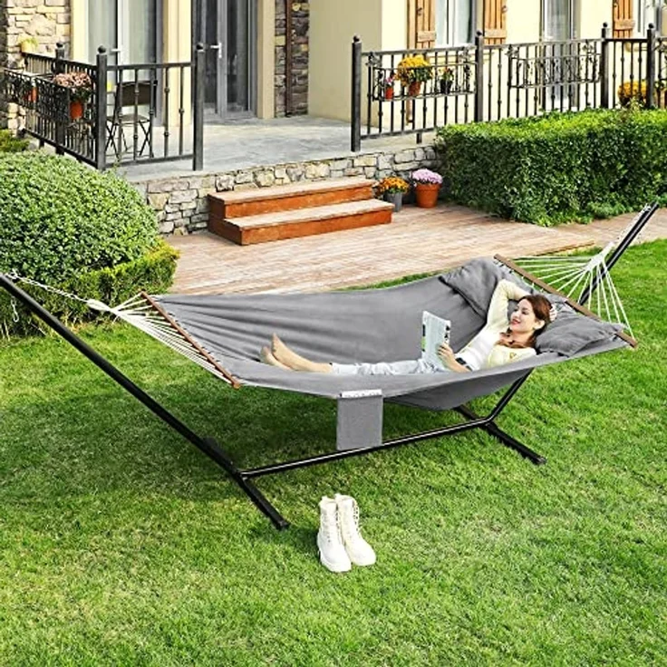 Songmics Hängematte, Outdoor, mit 2 Holzstangen, mit 2 Kissen, bis zu 300 kg belastbar, Mischgewebe, grau, 210 x 150 cm – Bild 2