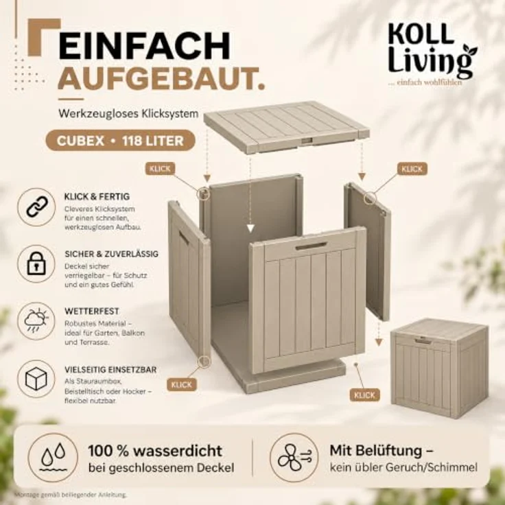 Koll Living Gartenbox Cubex, 118 Liter, witterungsbeständig, pflegeleicht, quadratisch, Beige – Bild 5