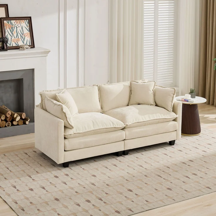 ZUBALIYA Sofa mit LED - Beleuchtung, mit Chenille - Bezug, mit Cordbezug, modular aufgebaut, aus Chenille, Beige – Bild 4
