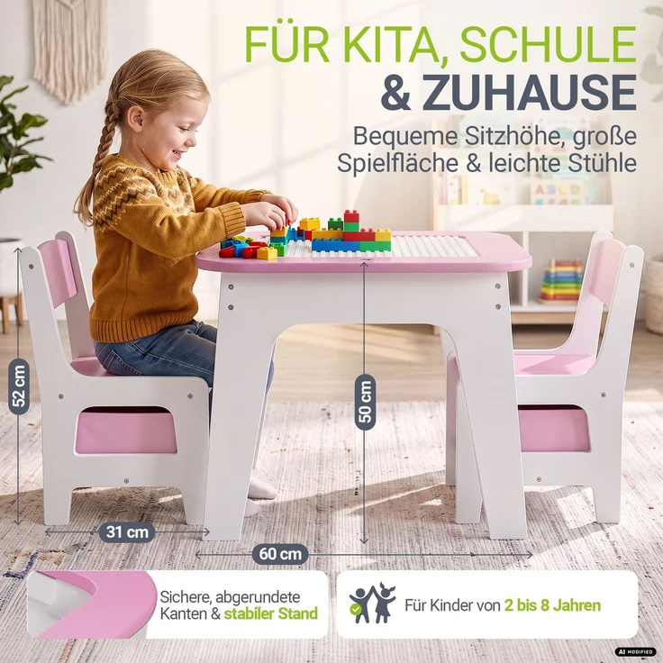 Juskys 'Milou' Kindersitzgruppe mit 2 Stühlen, 1 Tisch & Stauraum, Holz rosa – Bild 4