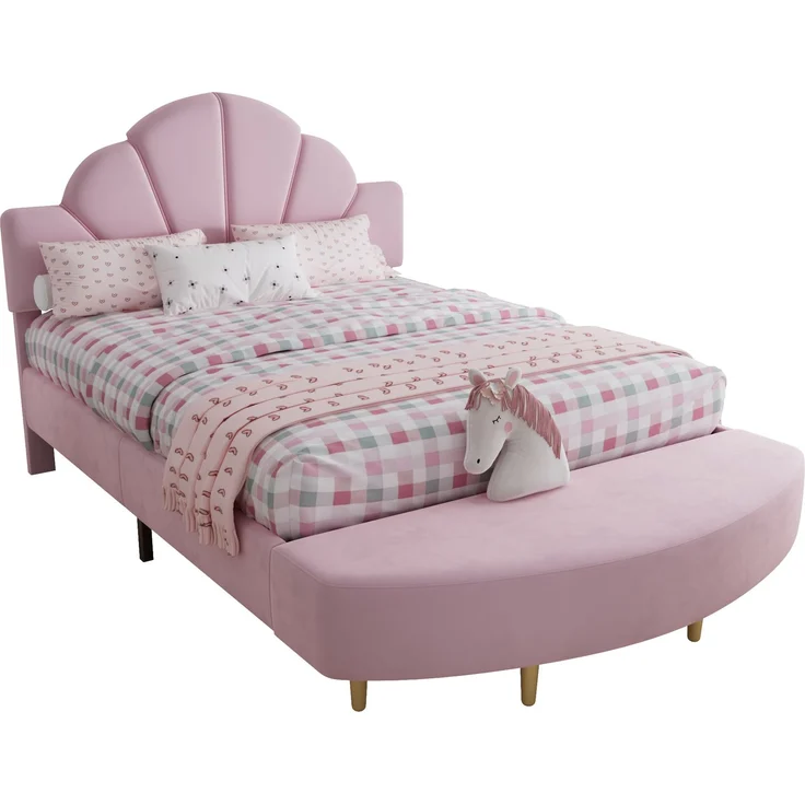 Merax Polsterbett, 140x200cm Doppelbett Samtkopfteil, Mit einer Bettbank in gleicher Farbe, Weiche Antikollisions-Schwammkante, Stabiler Bettrahmen, Rosa – Bild 10