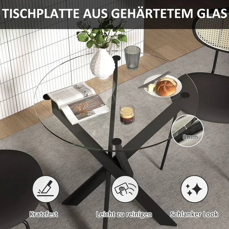 JARDJ Moderner Glas-Esstisch, 70 cm Durchmesser, Küchentisch mit gehärteter Glasplatte und Metallbeinen, für 4 Personen – Bild 6
