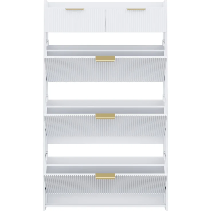 ZUBALIYA Schuhschrank (80 x 25 x 135 cm), 3 Klappfächer und 2 Schubladen, Aus Spanplatte, Stauraum für Flur und Eingangsbereich, Weiß – Bild 18