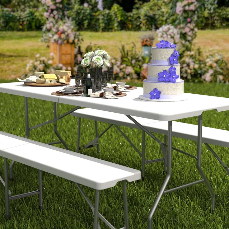 Todeco klappbarer Gartenbank 2er Set 183 x 43 x 30 cm, Bierbank Metall, Partybank für Camping BBQ Party Buffet Hochzeit, Weiß – Bild 2