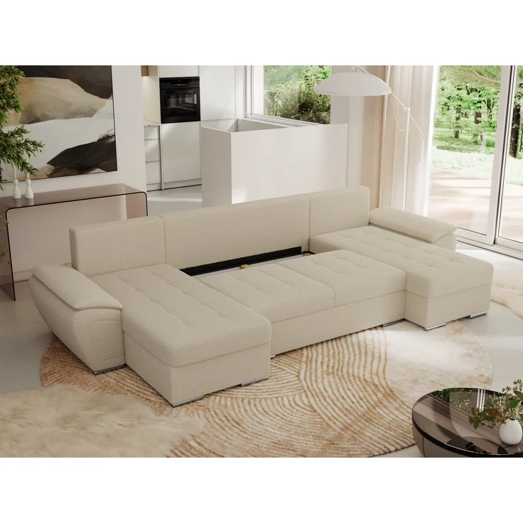 U-förmiges Ecksofa mit Schlaffunktion, genähter Sitz, zwei Armlehnen und losen Kissen - UMBRIA U - Beige Boucle – Bild 4
