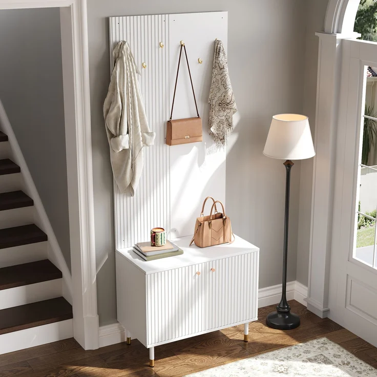Merax Garderobenschrank, Kleiderablage,Schuhschrank, Diele Kombischrank, Standgarderobe, Staurschrank, Schuhaufbewahrung, Garderobenwand mit Haken, zylindrische Metallfüße – Bild 7