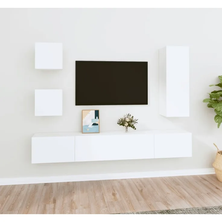 5-tlg. TV-Schrank, TV Board Weiß Holzwerkstoff
