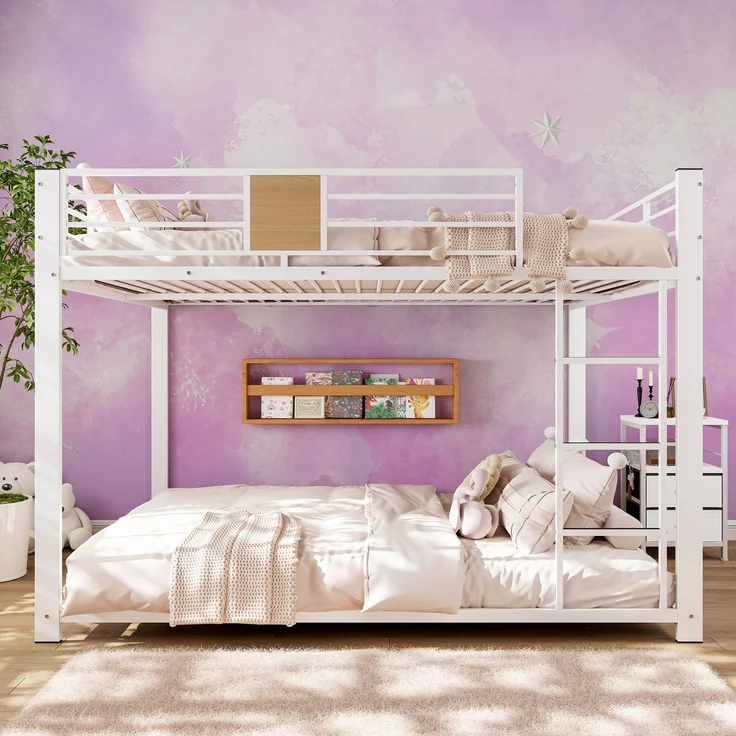 EINHOM Etagenbett 140x200 Metall, Niedriges Stockbett 145 cm mit Beidseitig Montierbarer Leiter (Links/Rechts), Holz-Dekor & Rausfallschutz, Belastbar 150kg/180kg, Anti-Rutsch-Pads & Geräuschdämpfung, Weiß (Ohne Matratze) – Bild 5