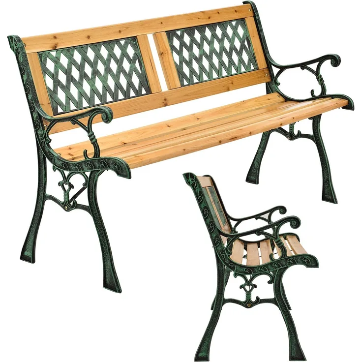 Juskys Gartenbank Sanremo – 2-Sitzer Holzbank mit Armlehnen & Rückenlehne – wetterfeste Sitzbank 122x54x73 cm - Seitenelemente aus Gusseisen