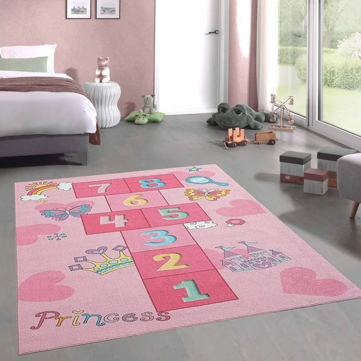 Carpetia Kinderteppich Hüpfkästchen Kinder-Spielteppich mit Prinzessinnen Burg in rosa, rechteckig, Höhe: 5 mm