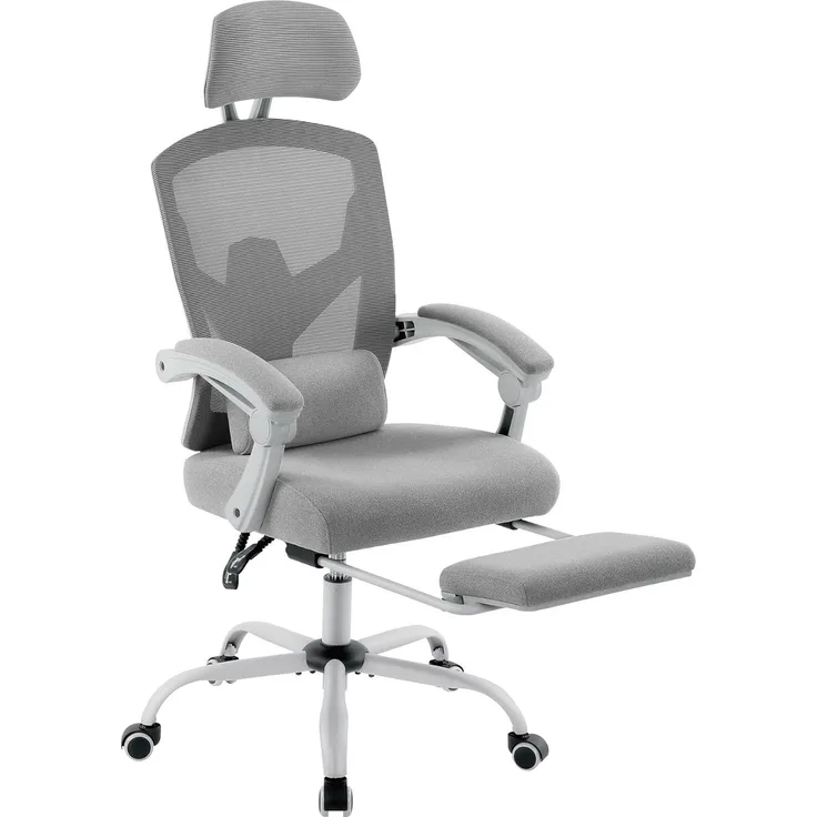 Sweetcrispy Büro-Computer-Schreibtisch Stuhl, Gaming-Stühle für Erwachsene, High-Back Mesh Rolling Swivel Reclining Stühle mit Rädern, Bequeme Lendenwirbelstütze, Bequeme Arme Grau