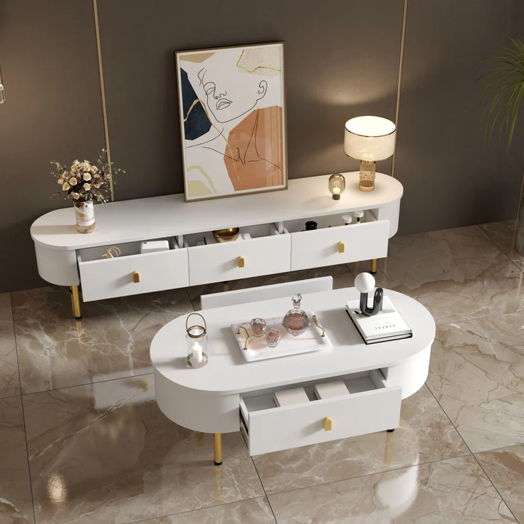 Moderner TV-Schrank 174 cm mit goldenen Griffen, geschwungenen Kanten und hochwertiger Lackoberfläche in Weiß, 174 x 35 x 41 cm – Bild 3