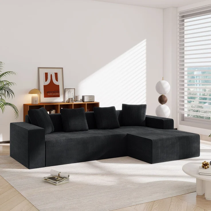 3-Sitzer Wohnlandschaft B 261 x T 146 x H 65 cm aus Kordstoff, modular mit Longchair – Bild 2