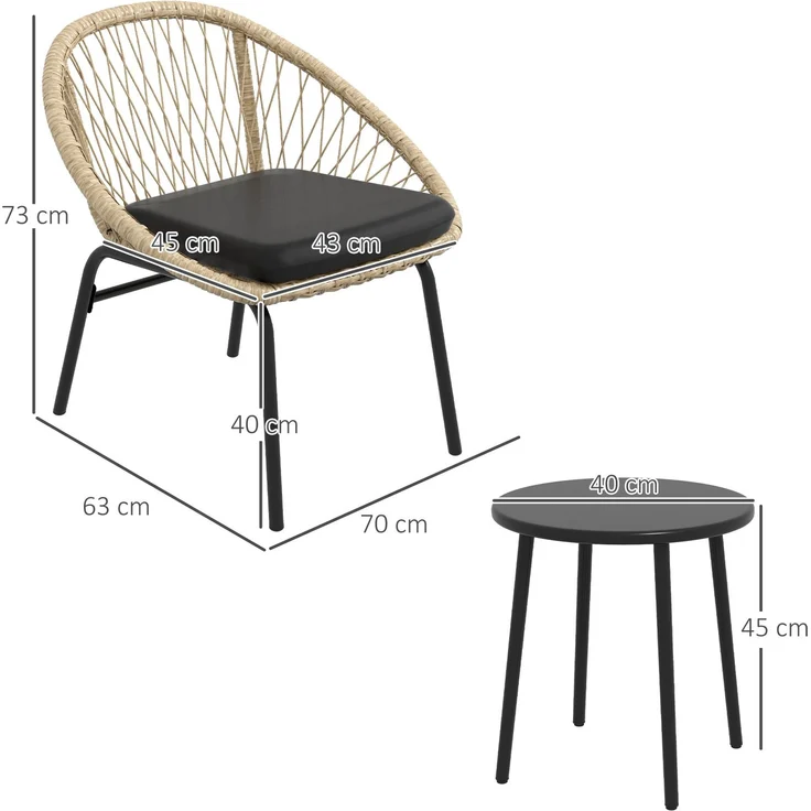 Flieks Gartenmöbel Set 3-tlg mit 2 Stühlen, Couchtisch & Kissen, Outdoor Balkonmöbel Set für 2 Personen, Rattan, Hellbraun – Bild 3