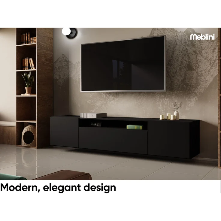 MEBLINI TV-Schrank 200cm Lang - Fernsehschrank - TV Lowboard Industrial - Unterschrank für Fernseher - TV-Unterschrank - TV-Schrank - Hängeschrank - LION - 200x41x40cm - Schwarz Matt – Bild 2