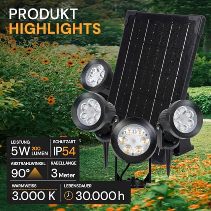 LUXULA Solar LED-Gartenleuchten Set, 5W, 3000K, 200lm, warmweiß, IP54, schwarz, 4 Stück – Bild 2
