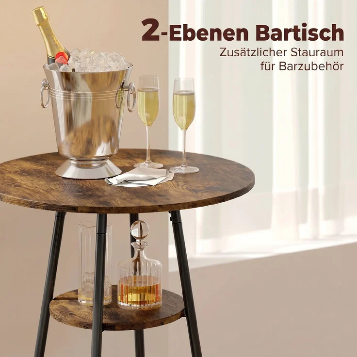 MELAYR, Industrie-Bartisch-Set mit 2 gepolsterten Hockern, Fußstützen, Metallrahmen, 60 x 60 x 91 cm, Rustikal Braun – Bild 6