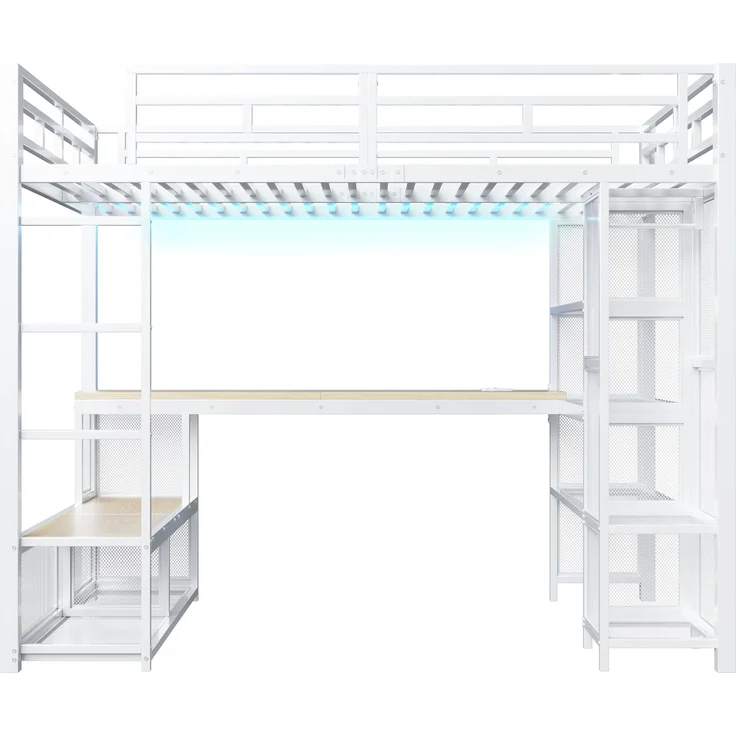 U-life Metall-Hochbett 140x200 cm mit Schreibtisch, offenem Kleiderschrank, LED-Beleuchtung und USB-Ladestation, Weiß – Bild 5