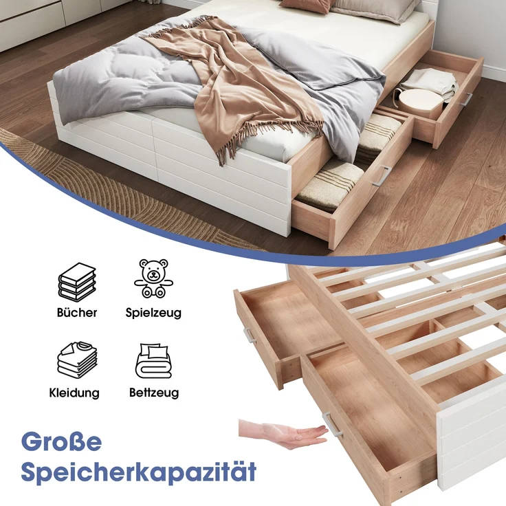 Holzbett 160x200 cm mit Lattenrost, 2 Schubladen & Matratze, 207x165x80 cm, Weiß/Eiche – Bild 7