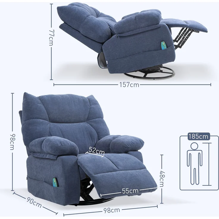 Wohnora-Massagesessel mit Wärme- & Liegefunktion, drehbar, bis 150 kg, Metallgestell, 98x90x98cm, Blau,H 980cm x T 980cm x B 900cm – Bild 4