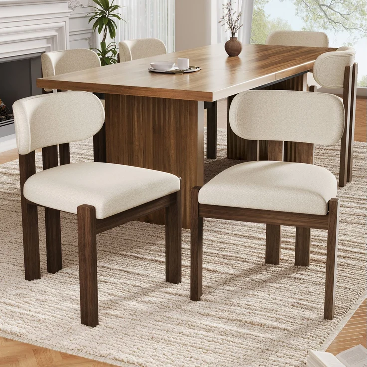 Esszimmerstühle 6er-Set, je 54 x 54 x 79 cm, Massivholz in Walnussfarbe mit Bouclé-Bezug – Bild 1