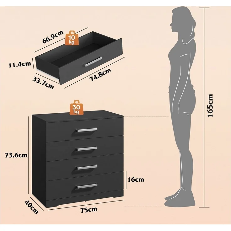 WLIVE Kommode mit 4/5 Schubladen, Moderne Schubladenkommode (Packung, Modernes Sideboard mit 3 Schubladen und 4 Fächern, Breite 75 cm), Vielseitiger Schubladenschrank für Schlafzimmer, Flur & Kinderzimmer – Bild 2