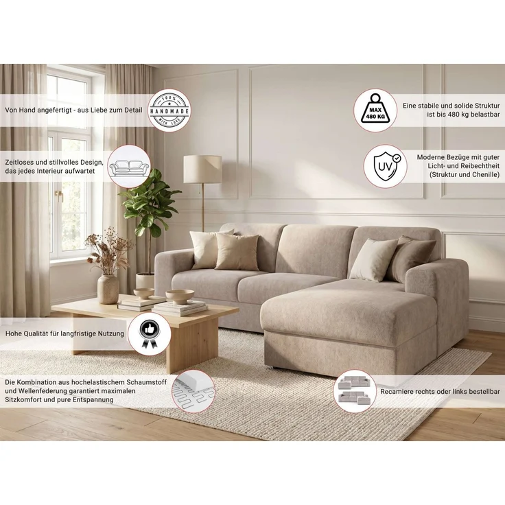 OTTO home Ecksofa BORNHOLM 2.0 L-Form, Breite 220 cm, Verlässliche Qualität, Struktur, Recamiere links/rechts bestellbar, Bezug - Chenille oder Struktur – Bild 3