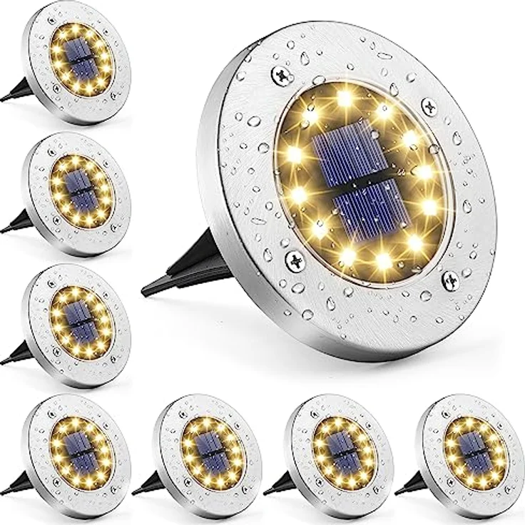 GIGALUMI Solar Bodenleuchten 12 LEDs 8 Stück Solarleuchten Warmweiß Gartenleuchten Edelstahl Wasserdicht für außen, Garten, Terrasse, Rasen, Hof, Gehweg – Bild 2