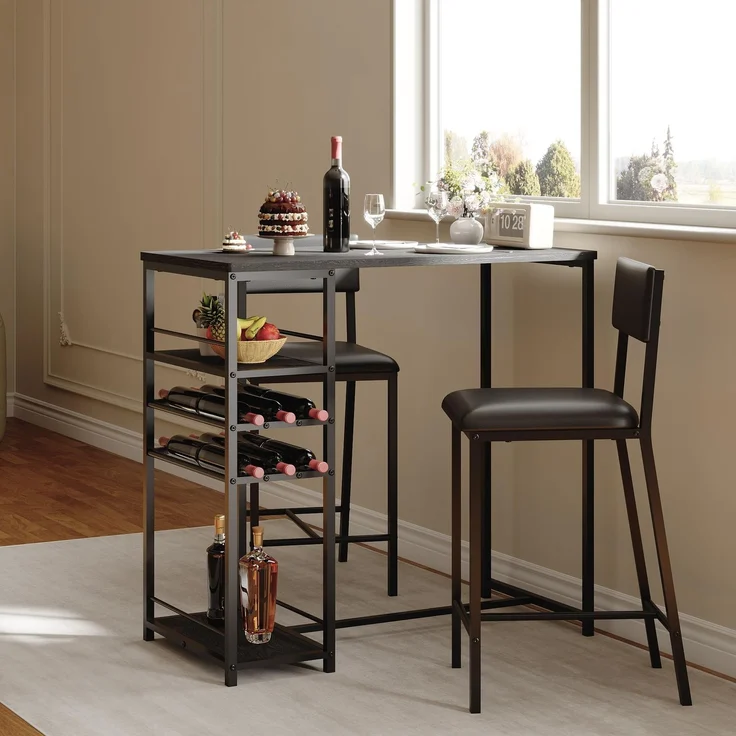 IDEALHOUSE Platzsparendes 3-teiliges Essgruppe-Set für 2 Personen – Polsterstühle, 4-stufiges Regal mit Weinregal & Becherhalter, modernes Design – Ideal für kleine Küchen oder Apartments, Schwarz